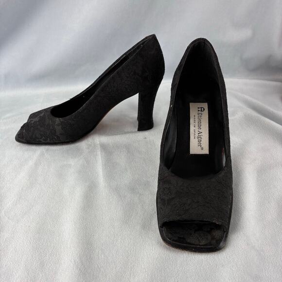 Etienne Aigner All Lace Block Heel Pumps Made in Spain Women's 6 Square Peep Toe - Picture 2 of 13